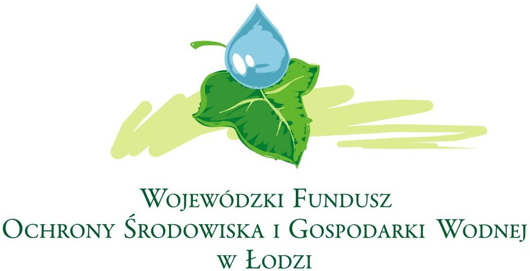Logo Wojewódzkiego Funduszu Ochrony Środowiska i Gospodarki Wodnej w Łodzi. U góry znajduje się ilustracja zielonego liścia z dużą niebieską kroplą wody umieszczoną na jego środku. W tle widoczne są jasne, zielonkawe pociągnięcia pędzla. Pod grafiką widnieje nazwa instytucji zapisana zieloną czcionką: „Wojewódzki Fundusz Ochrony Środowiska i Gospodarki Wodnej w Łodzi”.