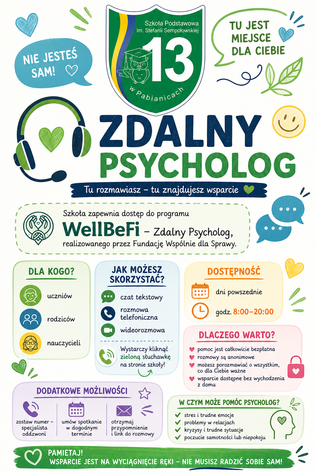 Plakat &bdquo;Zdalny Psycholog&rdquo; z tarczą Szkoły Podstawowej nr 13 w Pabianicach, ikoną słuchawki oraz symbolami wsparcia, rozmowy i bezpieczeństwa.